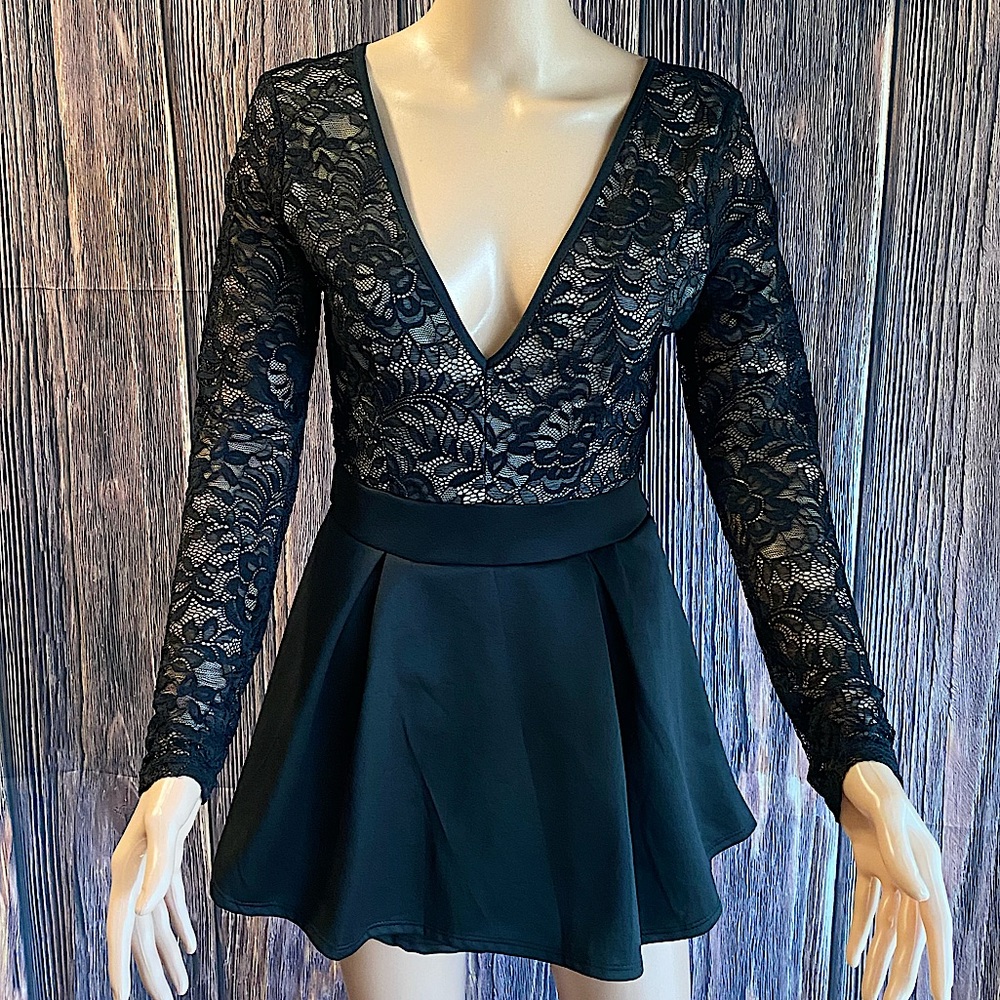 Charlotte Russe NWT Afterparty black beige tan floral lace romper dress